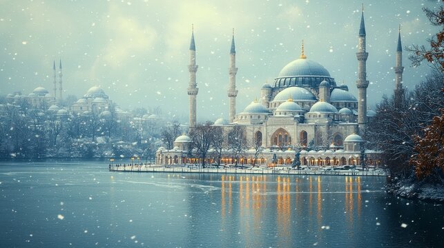 Snowy mosque by lake at twilight.