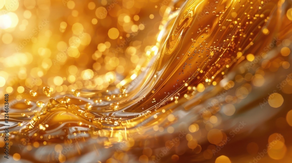 Poster golden liquid flowing with shimmering bubbles, creating a mesmerizing abstract background