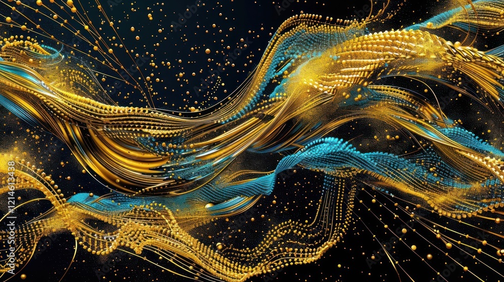 Aufkleber abstract golden and blue wave patterns with shimmering particles on a dark background