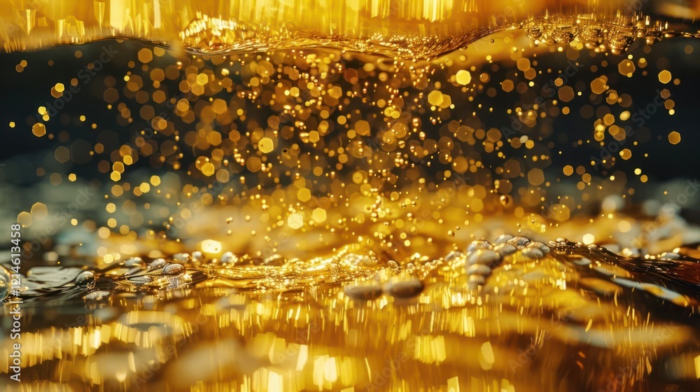 Poster glimmering golden liquid splashes create a mesmerizing effect with sparkling droplets in motion