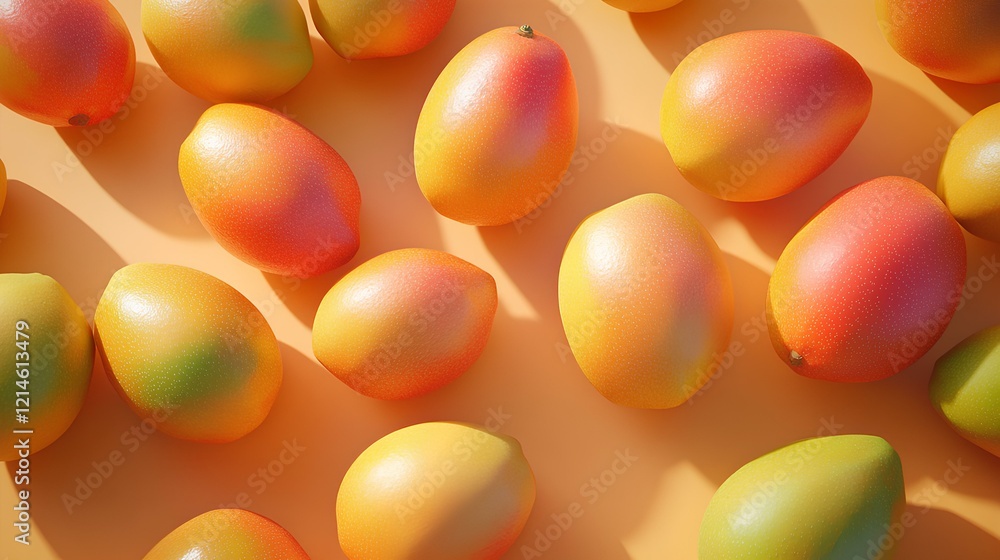 Poster 3d render from a high top view of some hyper-realistic mangos spread out on a simple plain orange ba