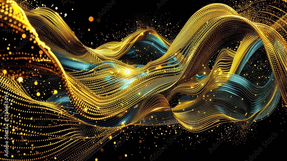 Poster abstract waves of gold and blue flow gracefully against a black backdrop, creating a dynamic visual