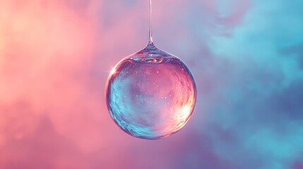 Fototapeta premium A clear water droplet floating mid-air against a gradient background, symbolizing purity, hydration, and eco-friendliness. Ideal for health, nature, and environmental campaigns.
