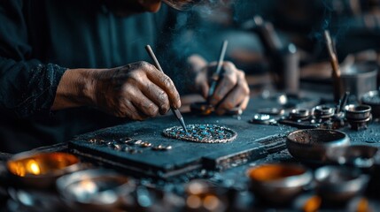 Obraz premium Jewelry Artisan Carefully Cutting and Polishing Gemstone on Workbench with Tools