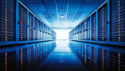 Fototapeta premium Stunning, futuristic image of a modern data center. Rows of illuminated server racks create a dramatic, symmetrical composition perfect for tech, networking, and digital concepts.