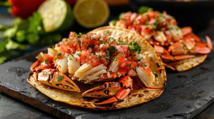Delicious crab tacos with fresh salsa, lime, and vibrant vegetables in a lively kitchen setting
