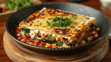 Fototapeta premium Delicious vegetable lasagna served in a rustic bowl with herbs on top, surrounded by fresh ingredients