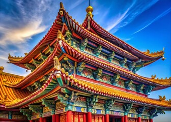 Serene Chinese Buddhist Temple Architecture Against a Vivid Blue Sky - Stock Photo