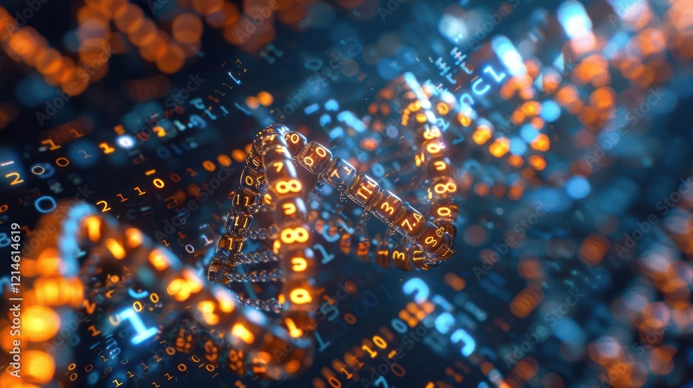 Poster abstract representation of digital dna strands composed of glowing numbers and data