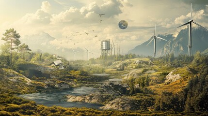 Artistic hybrid landscape combining traditional and futuristic renewable energy elements, symbolizing the evolution of sustainable power.