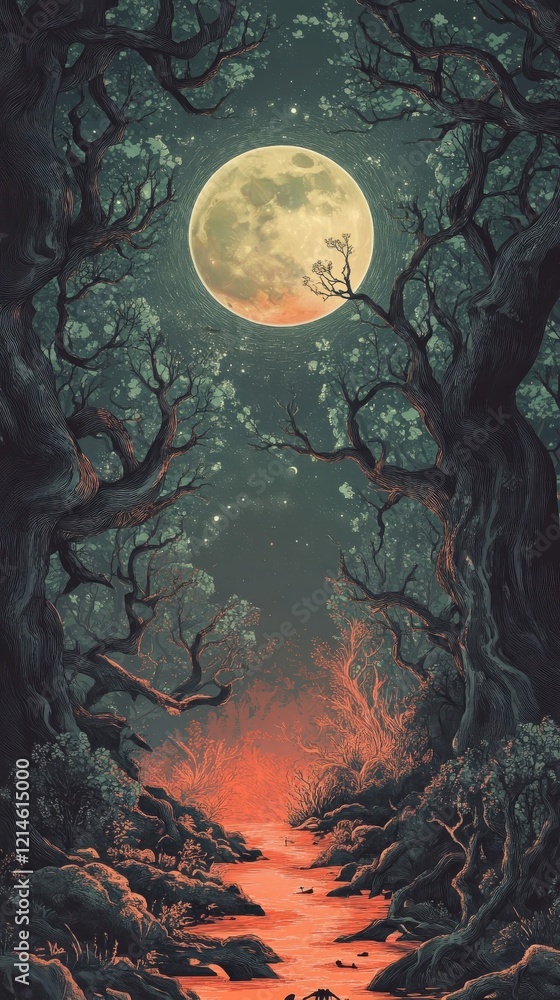 Poster serene moonlit river flows through ancient twisted trees
