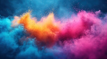 Fototapeta premium A burst of bright Holi powders in pink, yellow, green, and blue, filling the background with colorful clouds, creating an energetic and festive atmosphere 