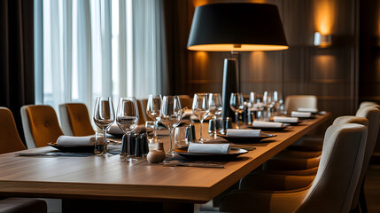 Fototapeta premium A sophisticated dining setup featuring elegant decor and soft lighting.