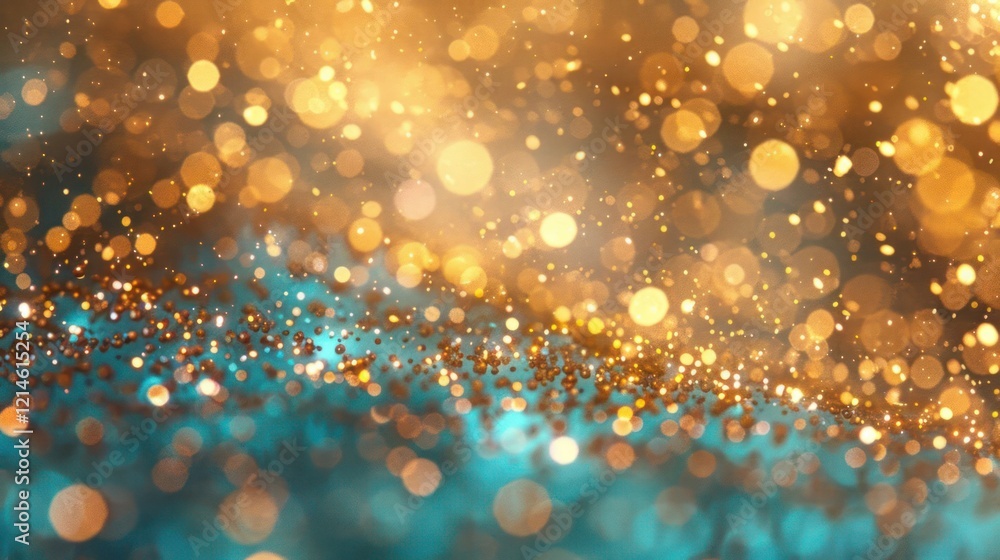 Poster vibrant bokeh background featuring golden and turquoise shimmering particles creating a festive atmo