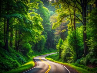 Obraz premium Serene Country Road Winding Through Lush Green Trees - Scenic Landscape Photography