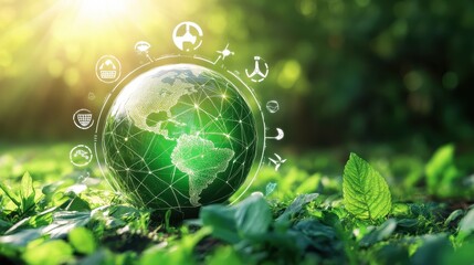 Conceptual image of a futuristic earth powered by renewable energy rings, glowing with clean energy icons, sustainability focus.
