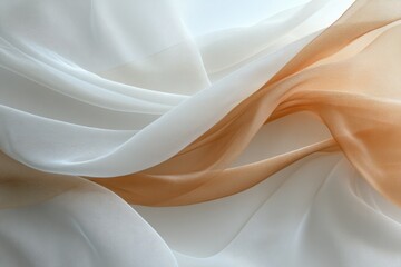 Obraz premium A close-up of white & orange flowing sheer fabric, with light and shadow creating intricate patterns on the surface. The background is a soft gradient from warm beige to cool gray, minimalist, luxury.