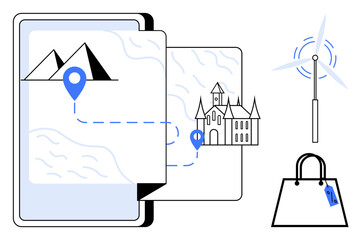 Tablet displaying travel map with location markers on mountain and castle, wind turbine, and shopping bag. Ideal for travel planning, adventure, technology, e-commerce, tourism, renewable energy