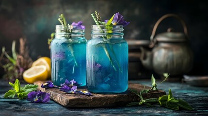 Refreshing Thai Herbal Drink Setup with Butterfly Pea Tea and Tropical Botanicals