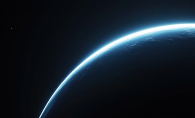 Obraz premium A blue planet seen from space, half of the Earth is illuminated by light, the other side in darkness, black background