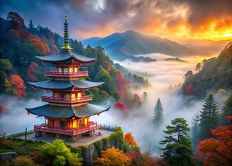 Obraz premium Serene Fantasy: Misty Mountains Embrace Ancient Japanese Temple