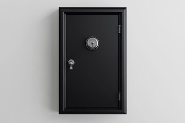 A black safe door on the white wall, top view, close-up shot