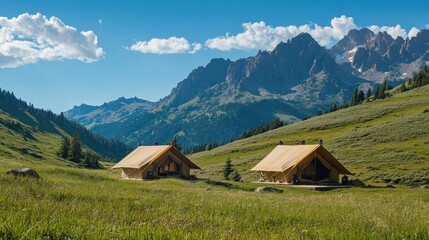 Mountain glamping tents, scenic valley, summer