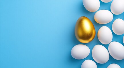 Golden egg among white eggs on blue background symbolizing uniqueness and opportunity