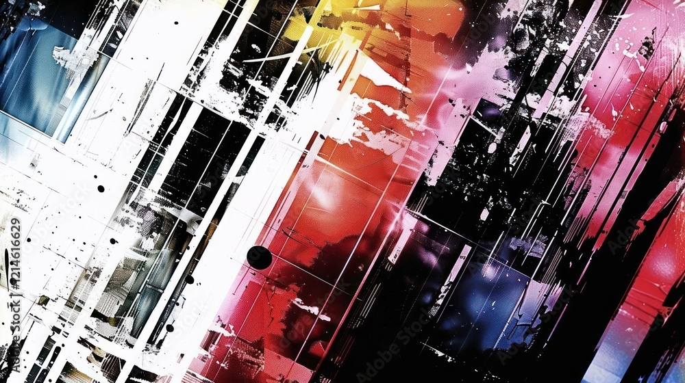 Poster abstract digital artwork featuring vibrant colors and dynamic shapes, creating an energetic atmosphe