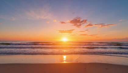 Fototapeta premium Serene beach sunrise glowing over tranquil waves, peaceful ambiance
