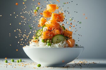 Contemporary salmon poke bowl with vibrant toppings and flying ingredients creating a dynamic culinary display