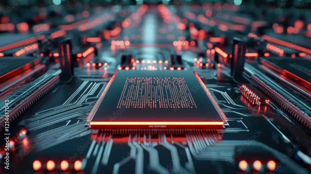 Poster intricate cyberpunk inspired digital microchip circuit board closeup abstract futuristic technology 