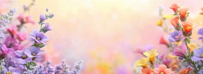 A beautiful pastel floral background with Snapdragon flowers. The focus is on the foreground, where there's an array of colorful wildflowers, while the backdrop has more blurred 