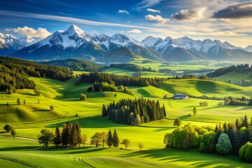 Obraz premium Serene Green Meadow Landscape with Majestic Mountains - Stunning Nature Background
