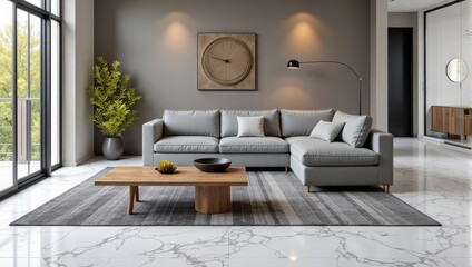 Elegant gray sectional sofa paired with a sleek wooden coffee table rests atop a striking gray-and-black striped rug, all set against polished white marble floors highlighted by black and gray inlays,