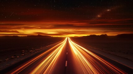 Obraz premium Desert highway night light trails, starry sky, journey