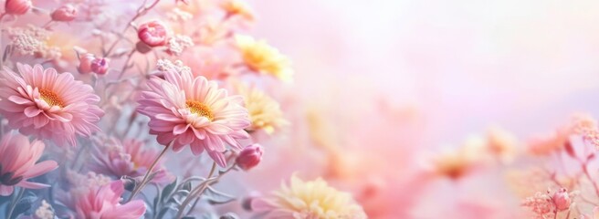 pastel floral background with Chrysanthemum flowers. The focus is on the foreground, where there's an array of colorful wildflowers, the backdrop has blurred elements and space for text or copy. 