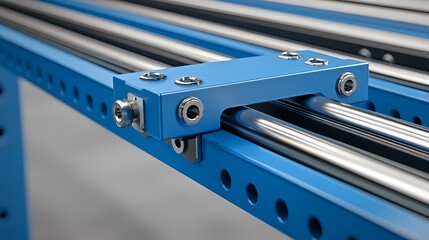 A close-up of a blue linear rail system showcasing a precision slider mechanism with metal rods and mounting features.