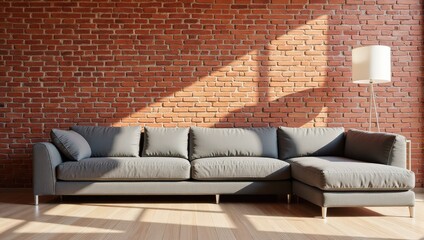 Sleek gray sectional couch with plush seating, poised elegantly on horizontal wooden planks. Its inviting form angles towards the right in an airy indoor setting