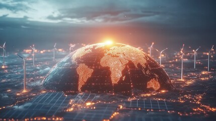 Obraz premium Conceptual image of a globe encircled by glowing wind turbines and solar panels, symbolizing global adoption of renewable energy