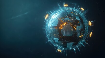 Obraz premium Conceptual image of a globe encircled by glowing wind turbines and solar panels, symbolizing global adoption of renewable energy