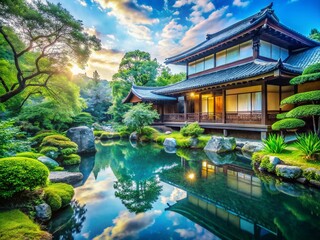 Obraz premium Serene Japanese Garden & House Double Exposure Stock Photo
