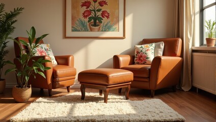 Elegant indoor scene featuring plush orange leather armchairs, cozy footstool, atop a soft white shaggy rug on polished wood flooring. A vibrant potted plant adds life beside the seating arrangement. 