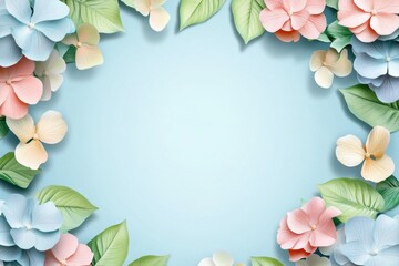 Obraz premium A beautiful floral frame made of pastel Hydrangea flowers and leaves with lots of white space in the center for text, isolated on light blue background
