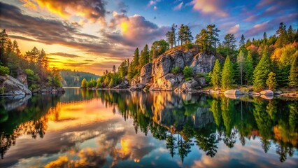 Fototapeta premium Serene Lake Reflection: Trees and Rocky Bluff at Dawn