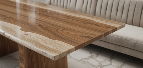 Hyper realistic photo, close up detail, product photography, Dining Table, warm oak, fluted cream travertine, with a minimal japanese fluffy padded sofa, ribbed, fluted, concrete 