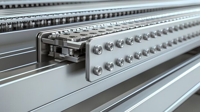 An industrial close-up of metallic linear guides with precision-engineered components, showcasing their smooth design and functionality.