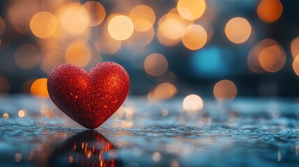 Fototapeta premium Valentine’s Day greeting card with a red heart on bokeh background, ideal for web banners and sales, romantic and festive design.