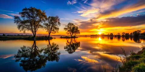 Obraz premium Serene Lakeside Silhouette: Peaceful Evening by the Water