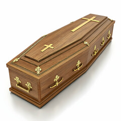 Wooden Coffin with Golden Cross &ndash; 3D Rendering on White Background